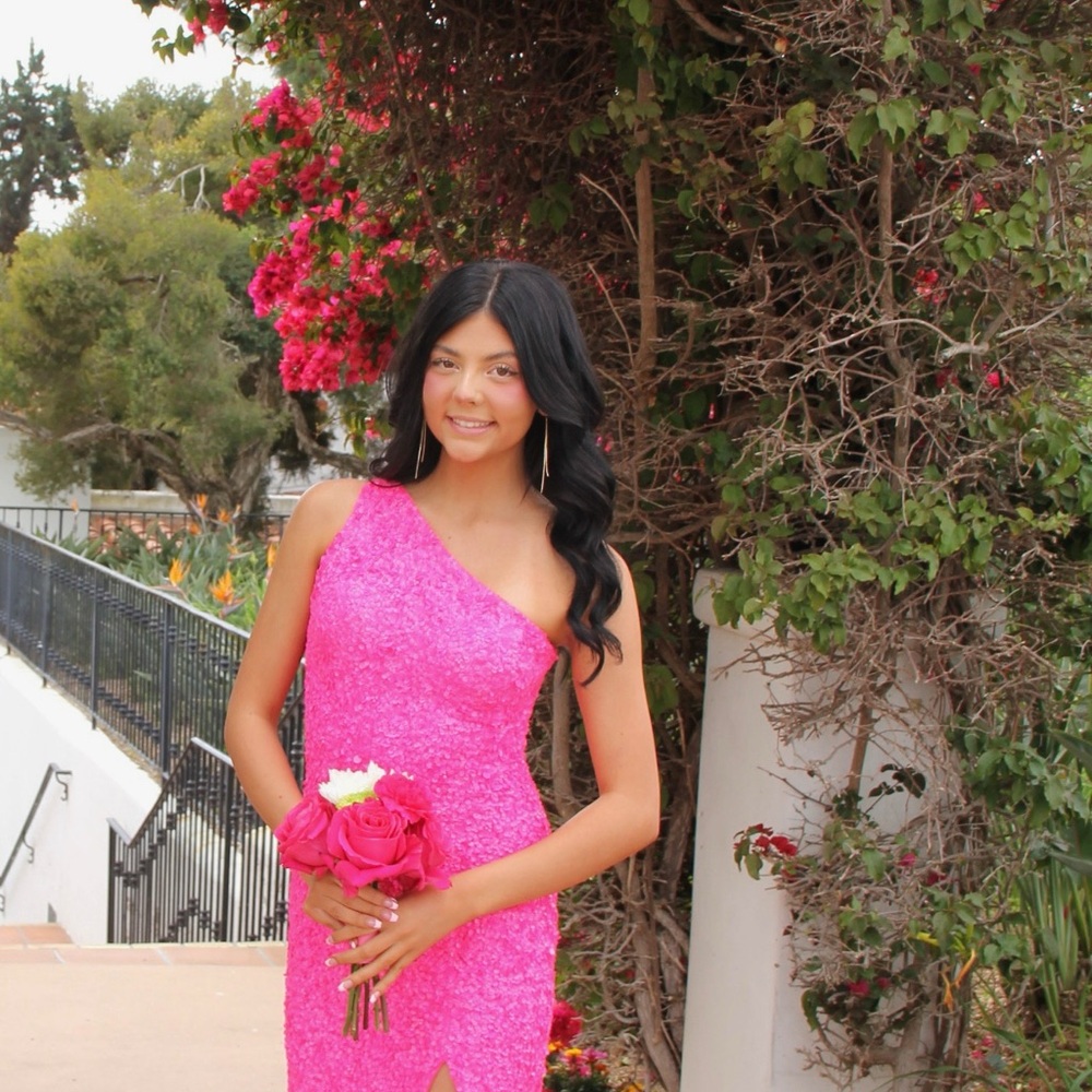 Sherri Hill Pink Asymmetrical Sequin Prom Dress
